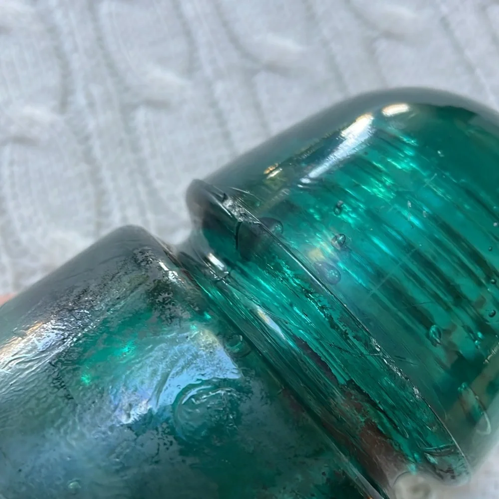 Antique glass insulator. Aqua teal glass. Threads inside stamped B on outside